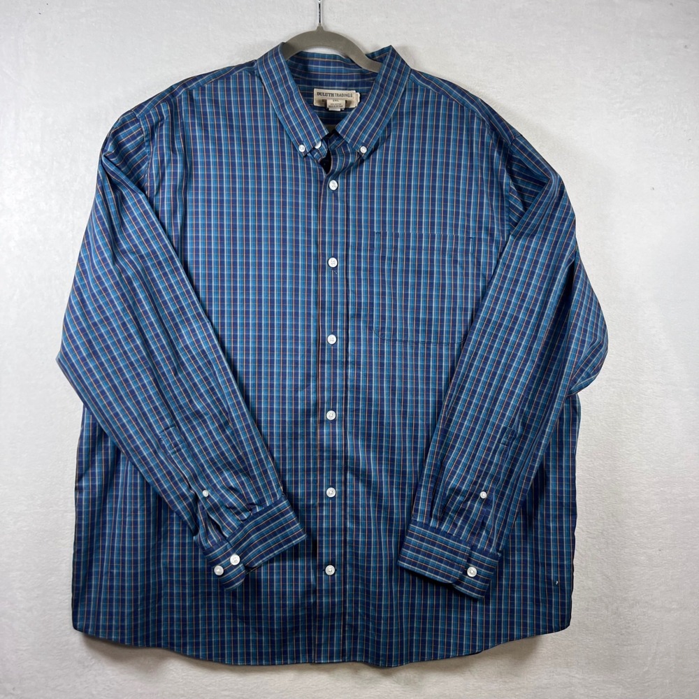 Duluth Trading Co Wrinkle Fighter Shirt Mens 2XL Blue Plaid Relaxed Long Sleeve